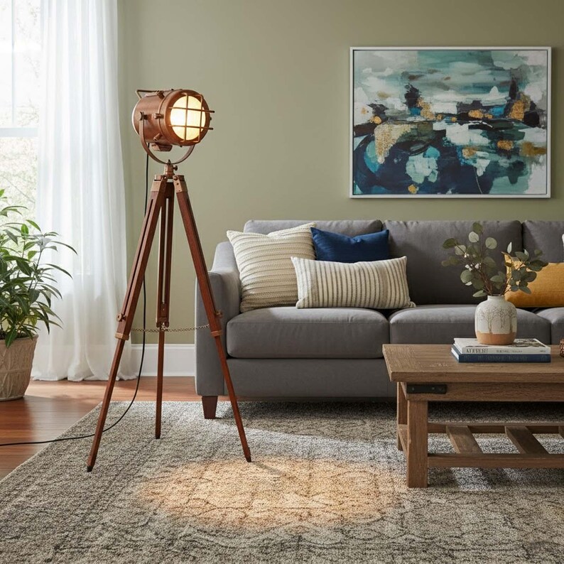Antique Finish Spotlight on Wooden Tripod view 6