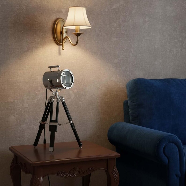 Chrome Spotlight on Black Wooden Tripod view 9