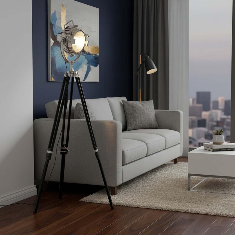 Chrome Spotlight on Black Wooden Tripod view 3