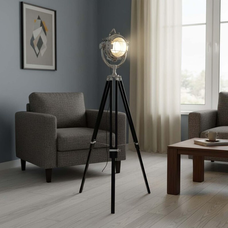 Chrome Spotlight on Black Wooden Tripod view 4