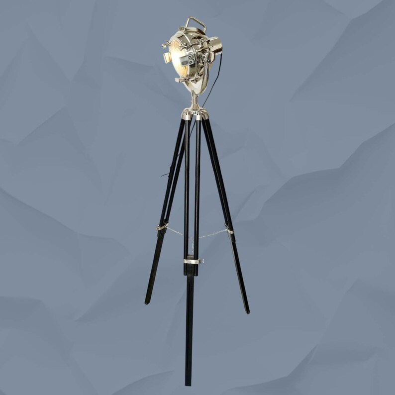 Chrome Spotlight on Black Wooden Tripod view 9