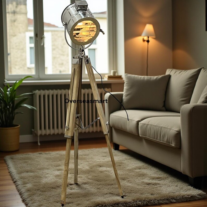 Chrome Spotlight on Teak Wood Tripod view 3
