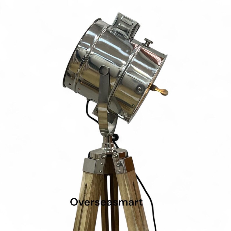 Chrome Spotlight on Teak Wood Tripod view 5