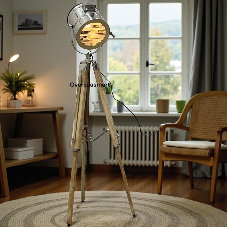 Chrome Spotlight on Teak Wood Tripod view 6