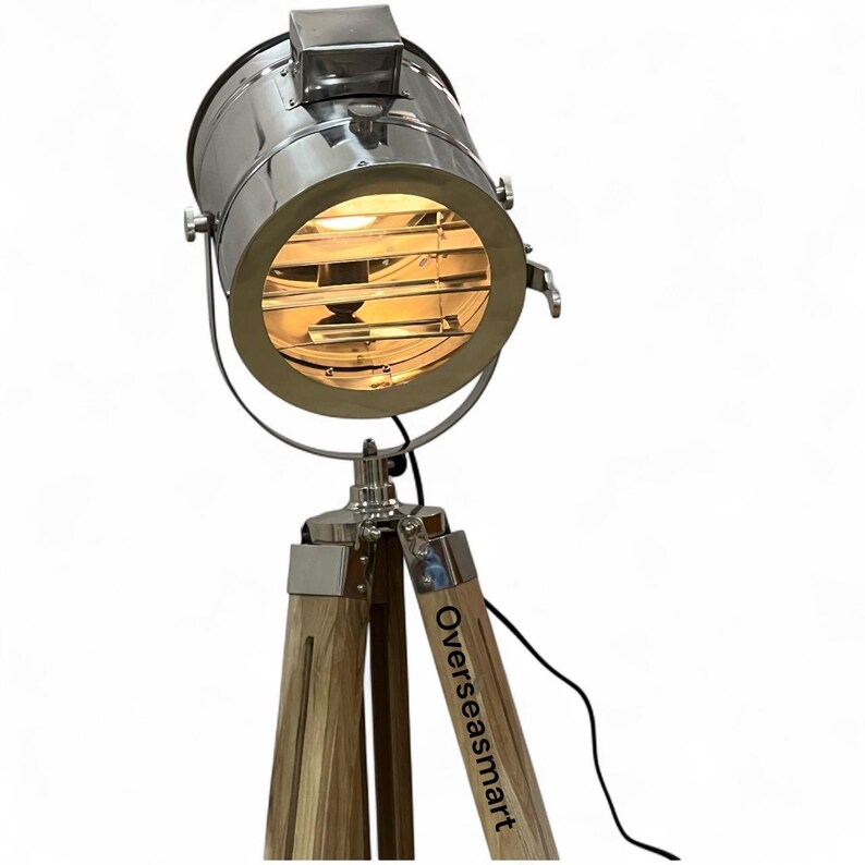 Chrome Spotlight on Teak Wood Tripod view 8