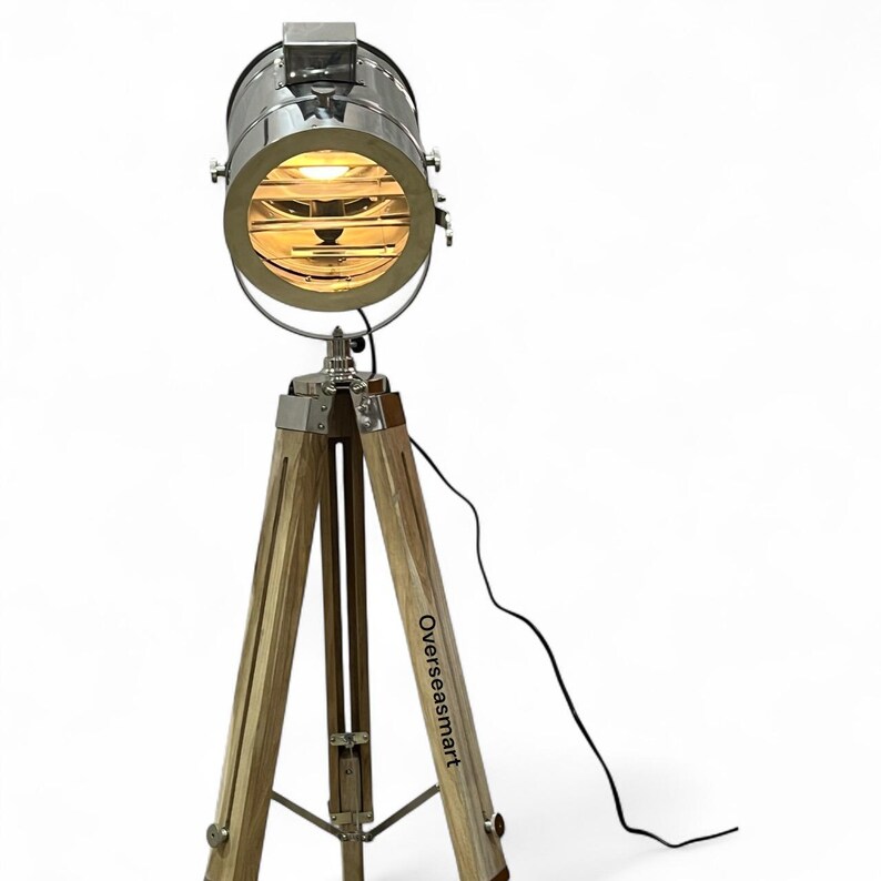 Chrome Spotlight on Teak Wood Tripod view 9