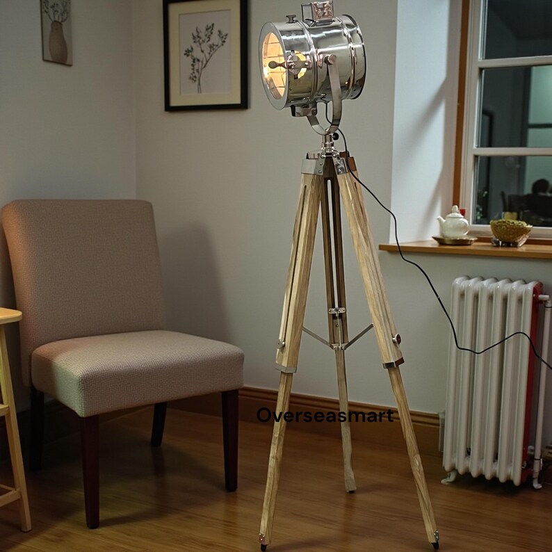 Chrome Spotlight on Teak Wood Tripod view 10
