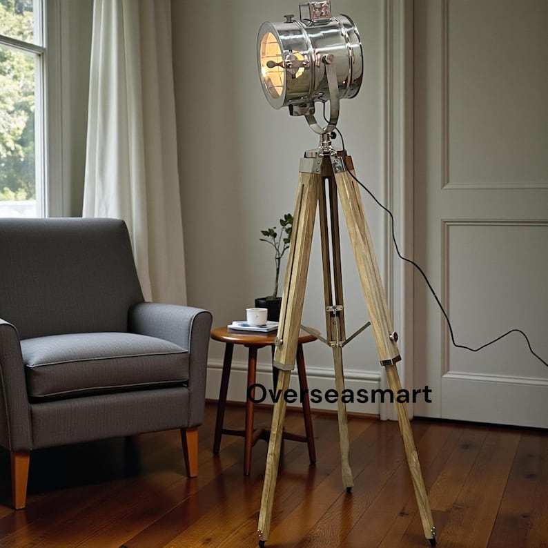 Chrome Spotlight on Teak Wood Tripod view 16