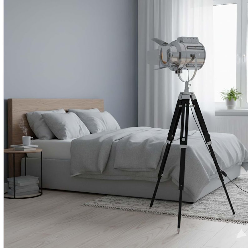 Chrome Spotlight on Black Wooden Tripod view 4
