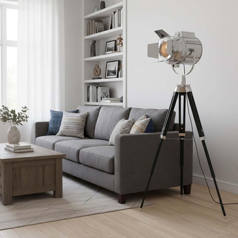 Chrome Spotlight on Black Wooden Tripod view 9