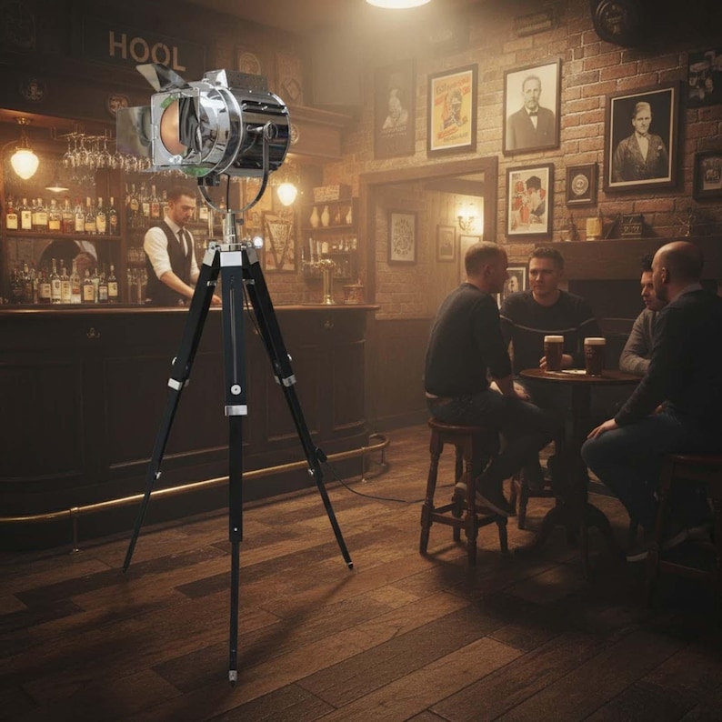 Chrome Spotlight on Black Wooden Tripod view 10