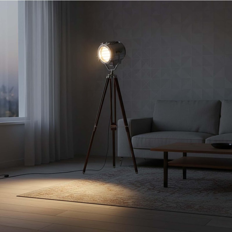 Chrome Spotlight on Wooden Tripod view 2
