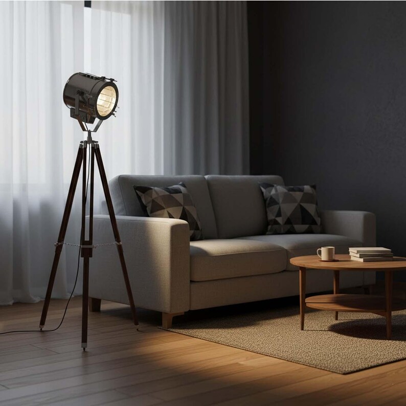Chrome Spotlight on Wooden Tripod view 3