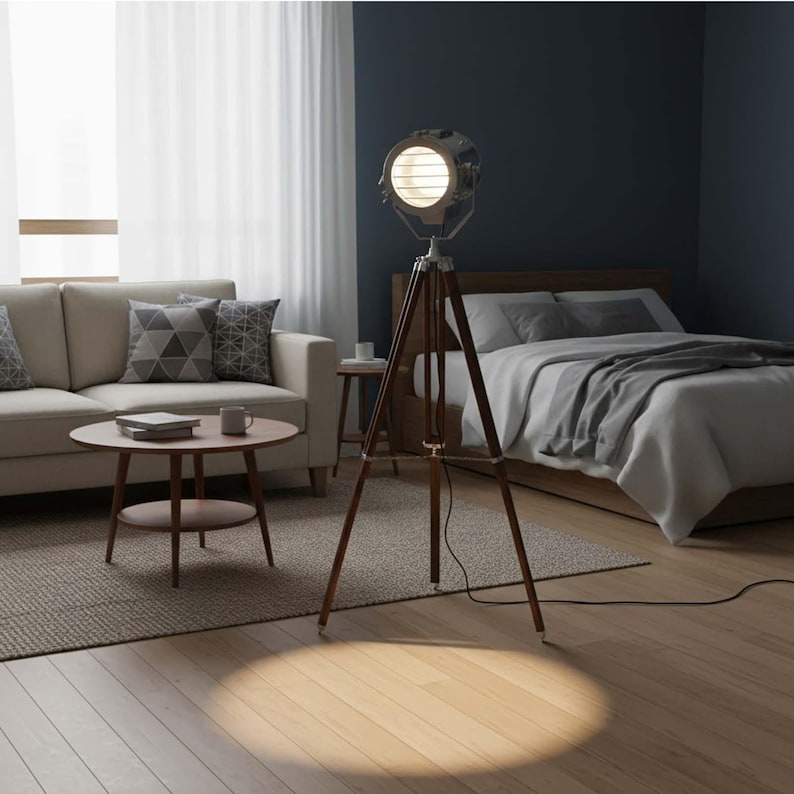 Chrome Spotlight on Wooden Tripod view 8