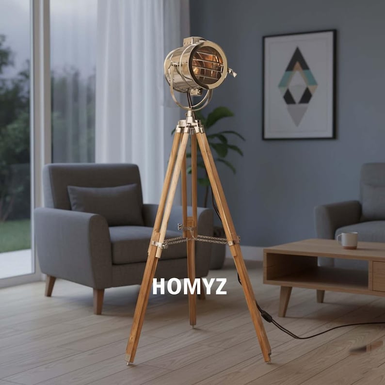 Chrome Spotlight on Teak Wood Tripod view 4