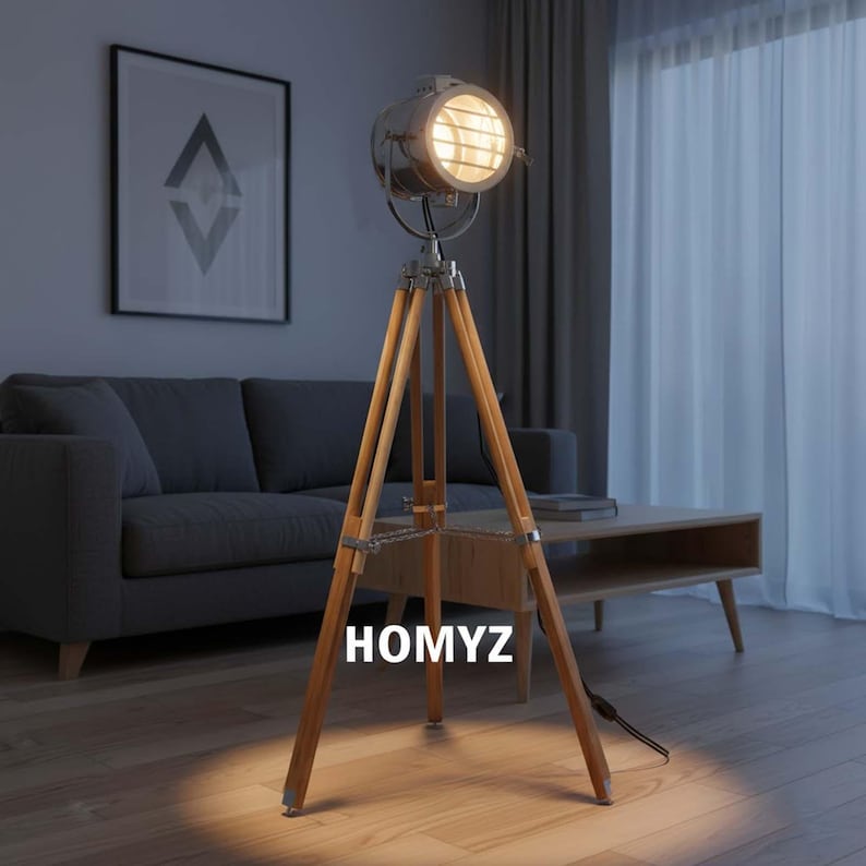 Chrome Spotlight on Teak Wood Tripod view 7