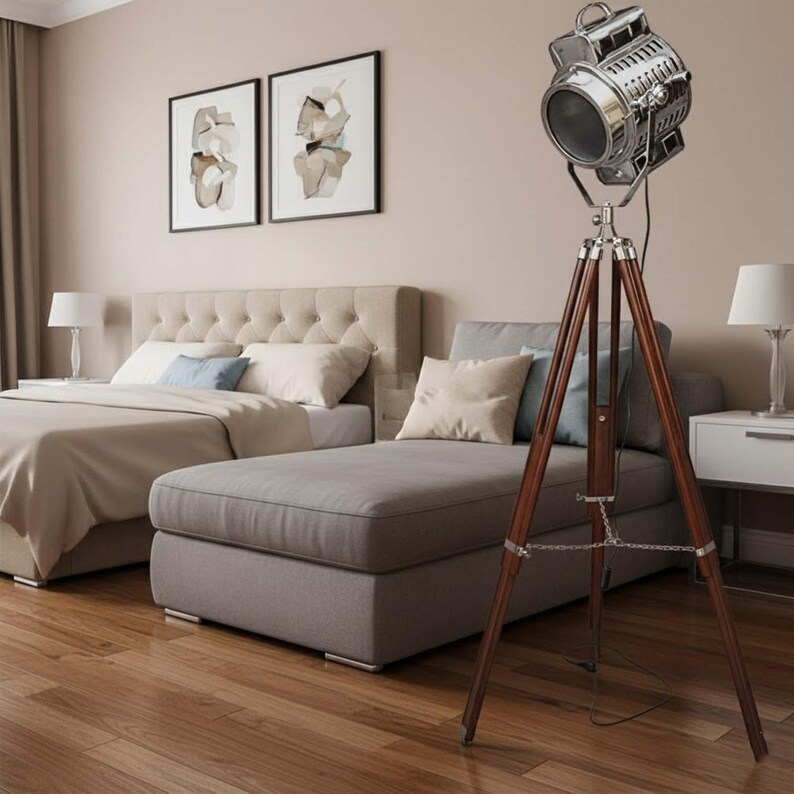 Chrome Spotlight on Wooden Tripod view 8