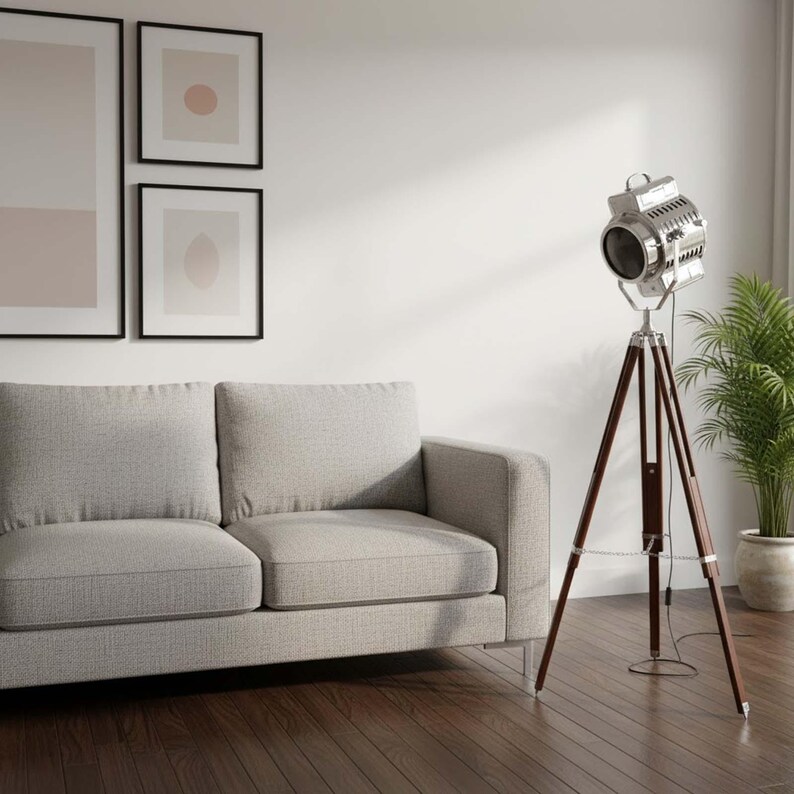 Chrome Spotlight on Wooden Tripod view 10