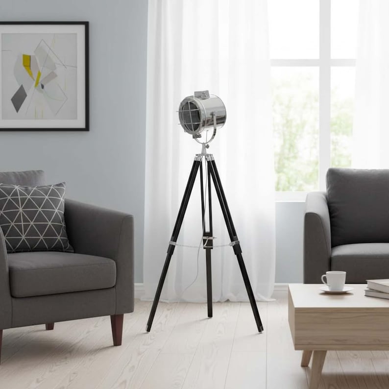 Chrome Spotlight on Black Wooden Tripod view 3