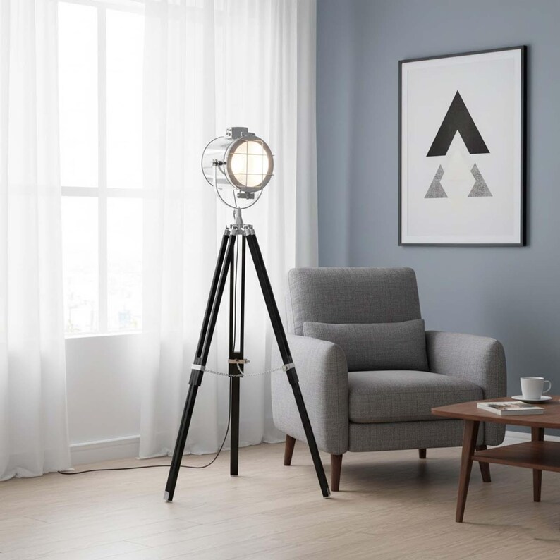 Chrome Spotlight on Black Wooden Tripod view 8