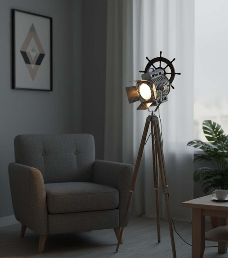 Chrome Spotlight on Teak Wood Tripod view 2