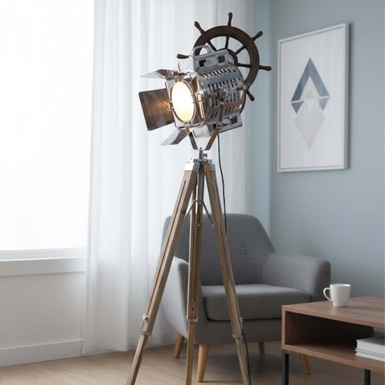 Chrome Spotlight on Teak Wood Tripod view 7