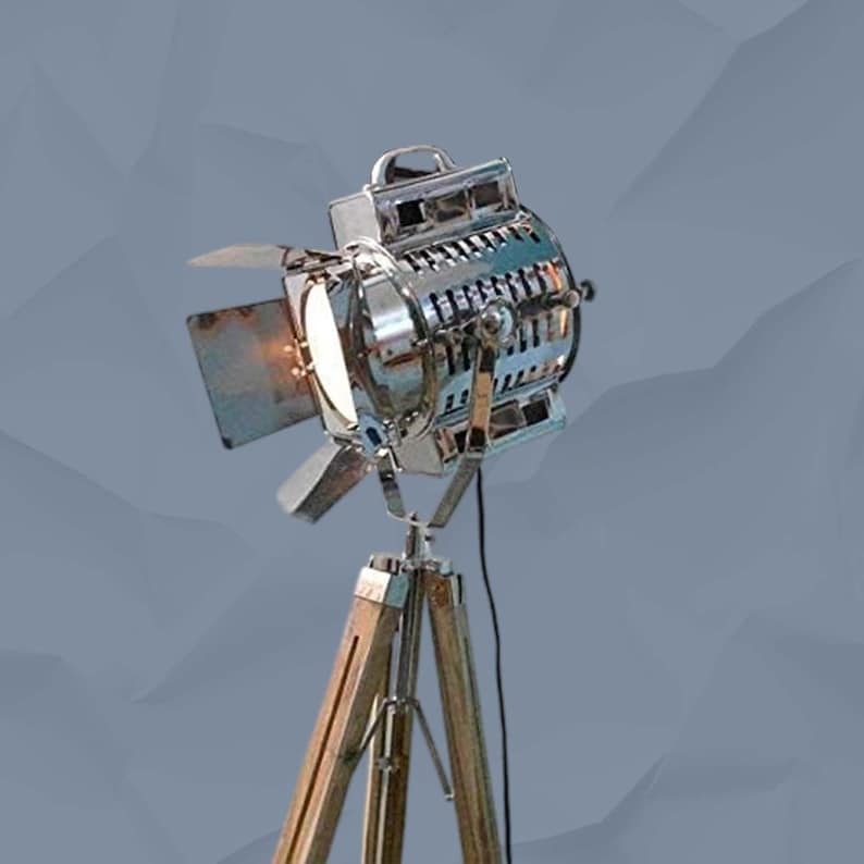 Chrome Spotlight on Teak Wood Tripod view 9