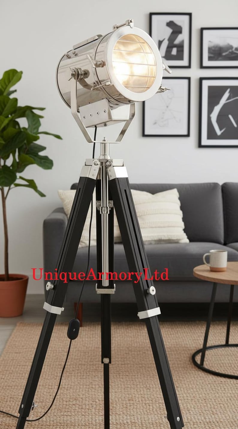 Chrome Spotlight on Black Wooden Tripod view 2