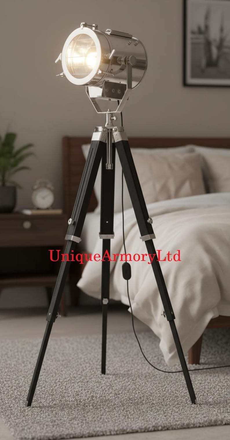 Chrome Spotlight on Black Wooden Tripod view 3