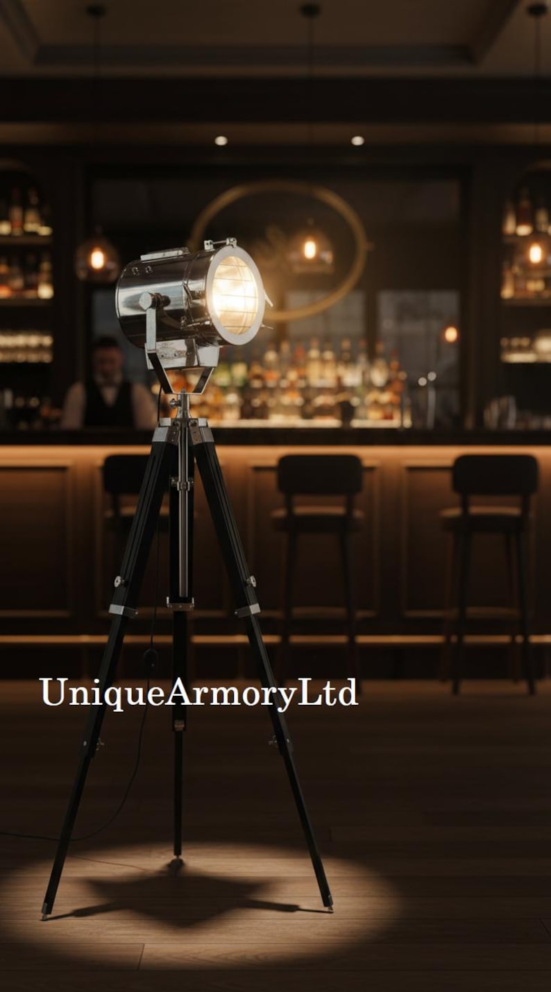 Chrome Spotlight on Black Wooden Tripod view 5