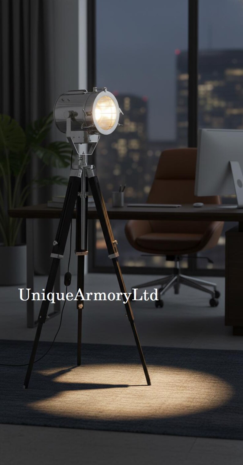 Chrome Spotlight on Black Wooden Tripod view 6