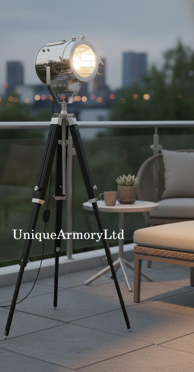 Chrome Spotlight on Black Wooden Tripod view 7