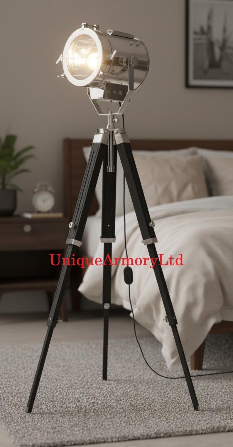 Chrome Spotlight on Black Wooden Tripod view 8