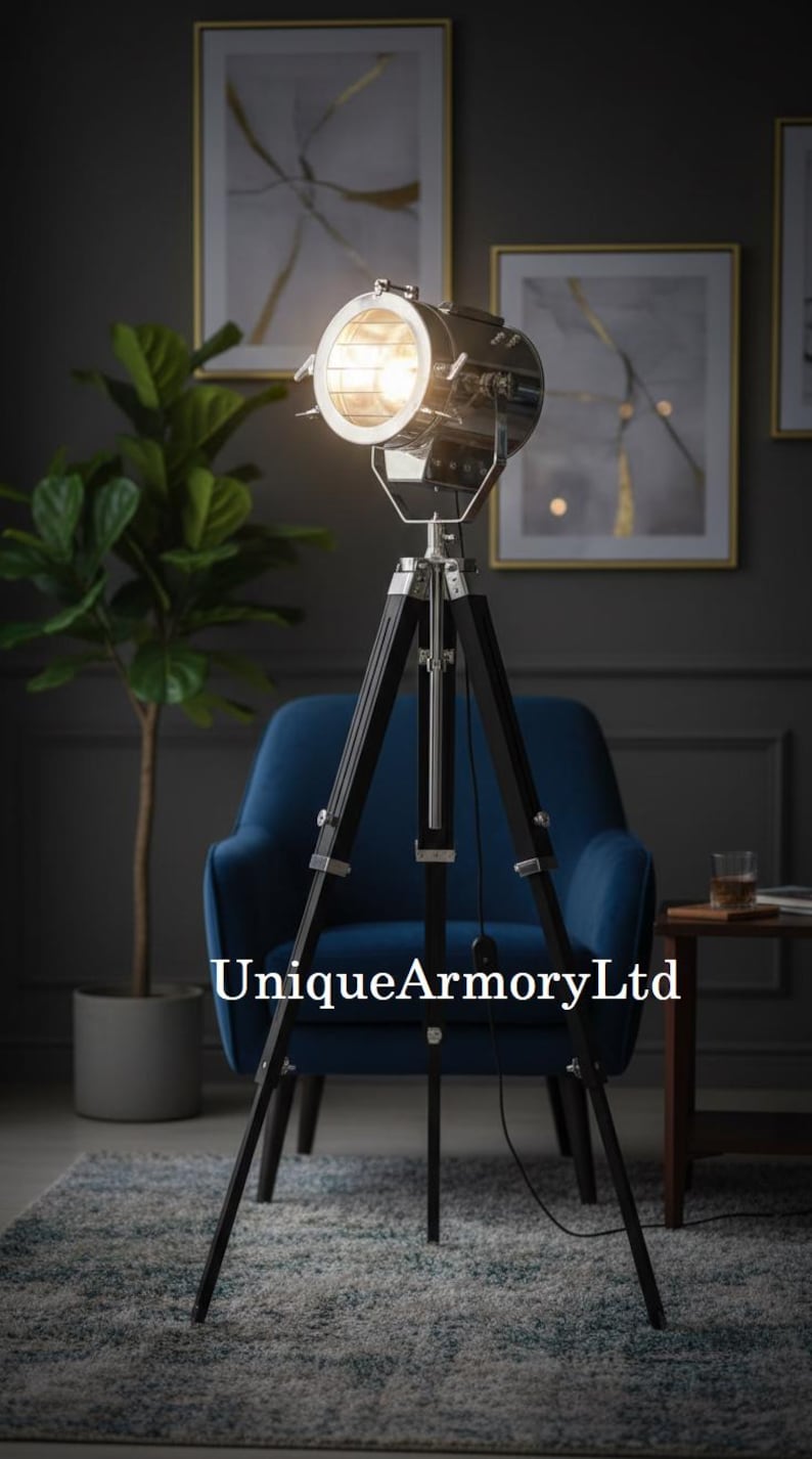 Chrome Spotlight on Black Wooden Tripod view 10