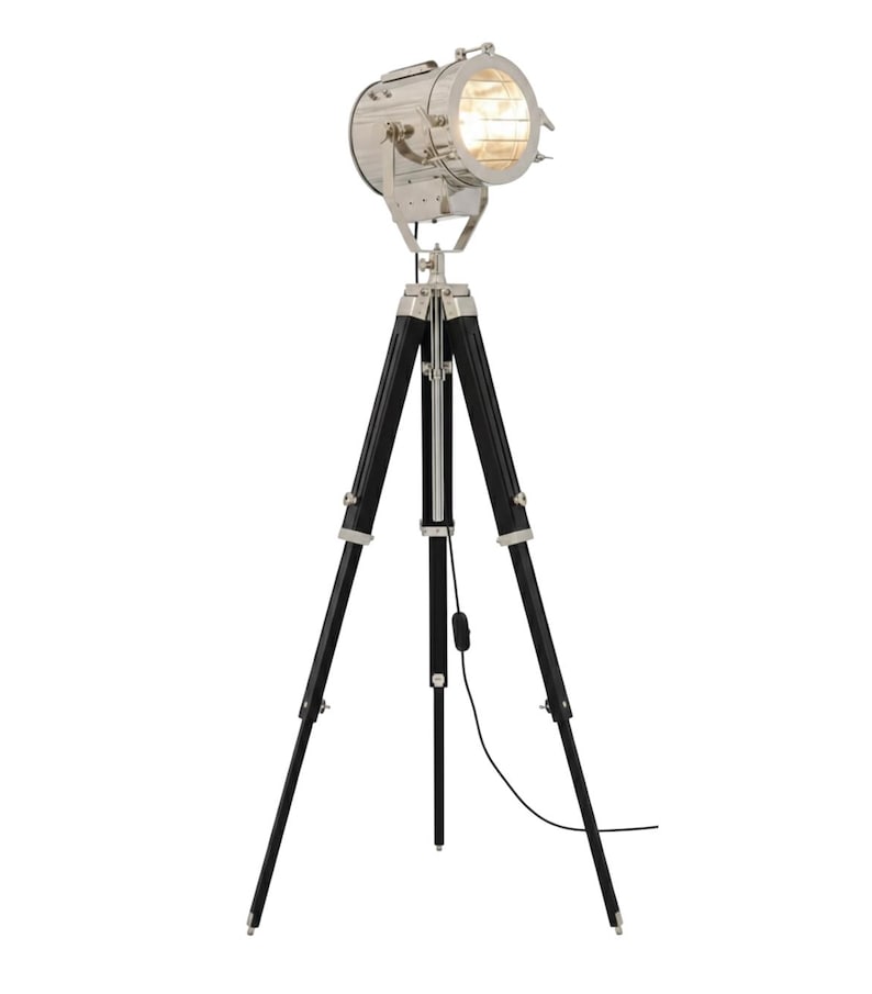 Chrome Spotlight on Black Wooden Tripod view 11