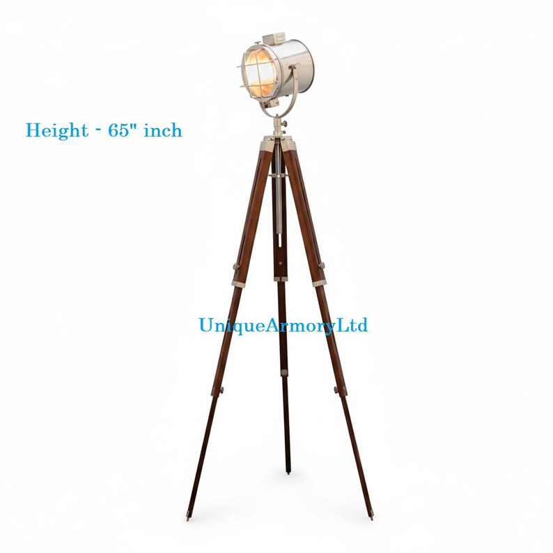 Chrome Spotlight on Wooden Tripod view 3