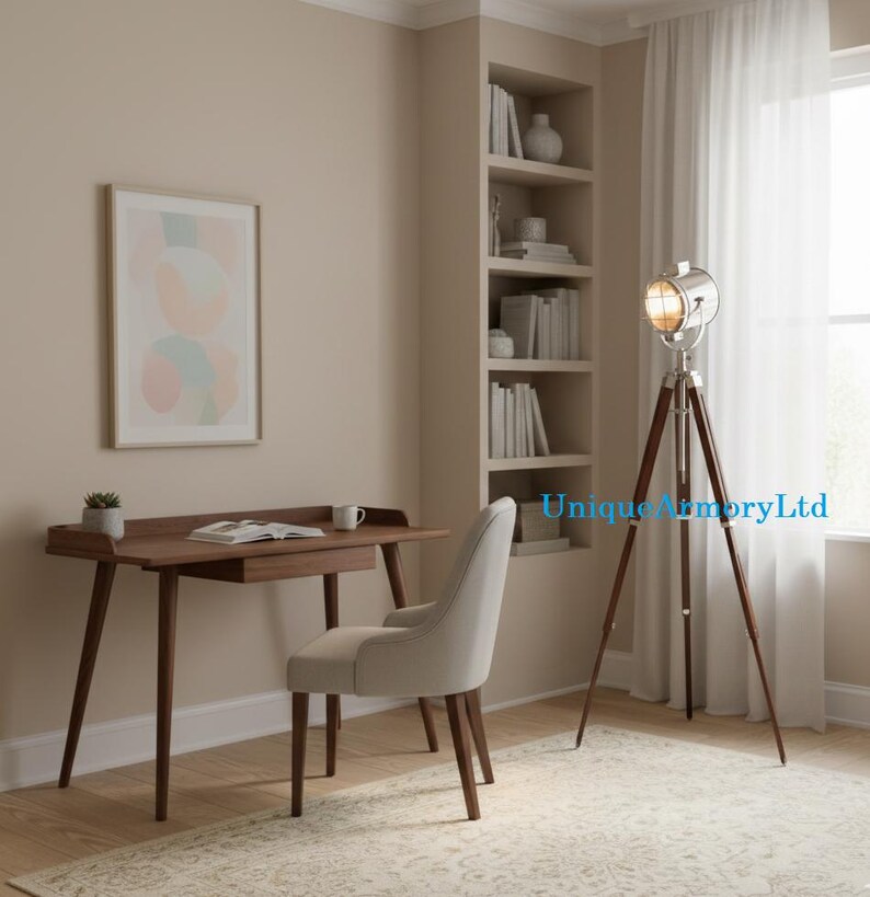 Chrome Spotlight on Wooden Tripod view 6