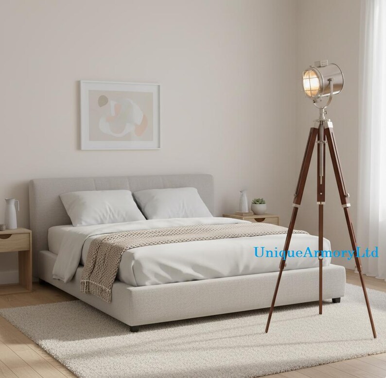 Chrome Spotlight on Wooden Tripod view 10
