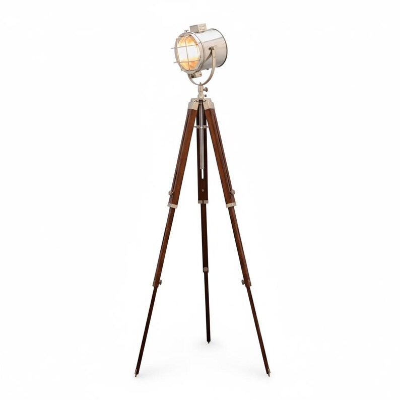 Chrome Spotlight on Wooden Tripod view 11