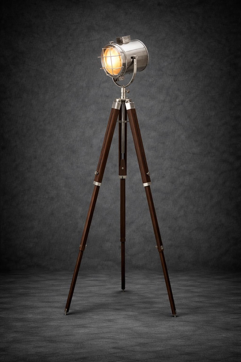 Chrome Spotlight on Wooden Tripod view 12