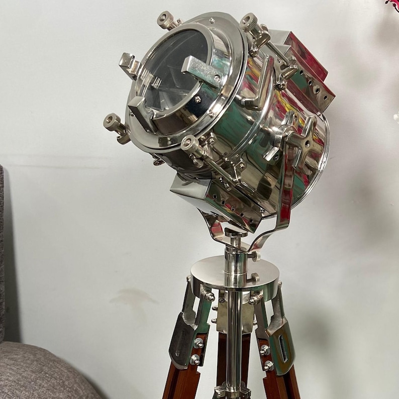 Chrome Spotlight on Wooden Tripod view 4