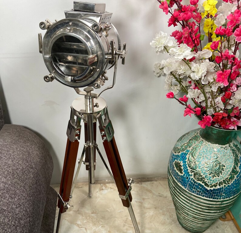 Chrome Spotlight on Wooden Tripod view 6