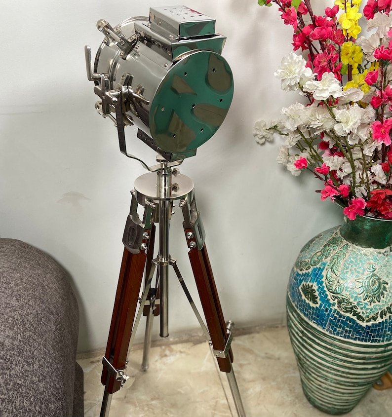 Chrome Spotlight on Wooden Tripod view 7