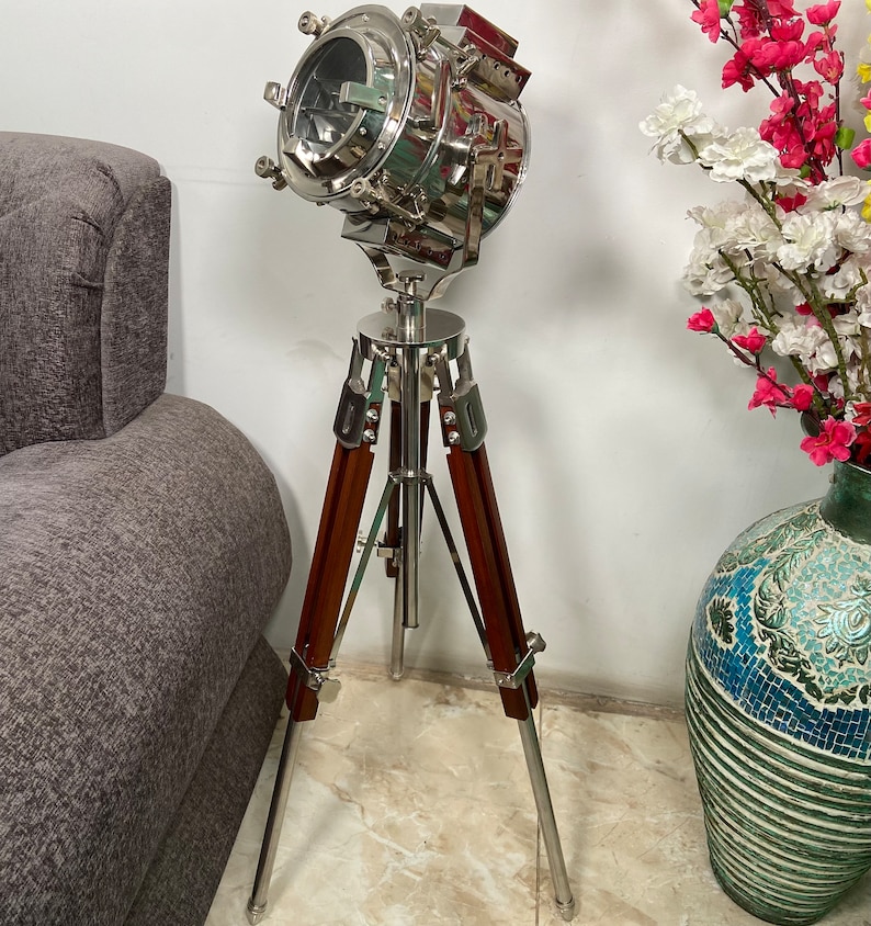 Chrome Spotlight on Wooden Tripod view 8