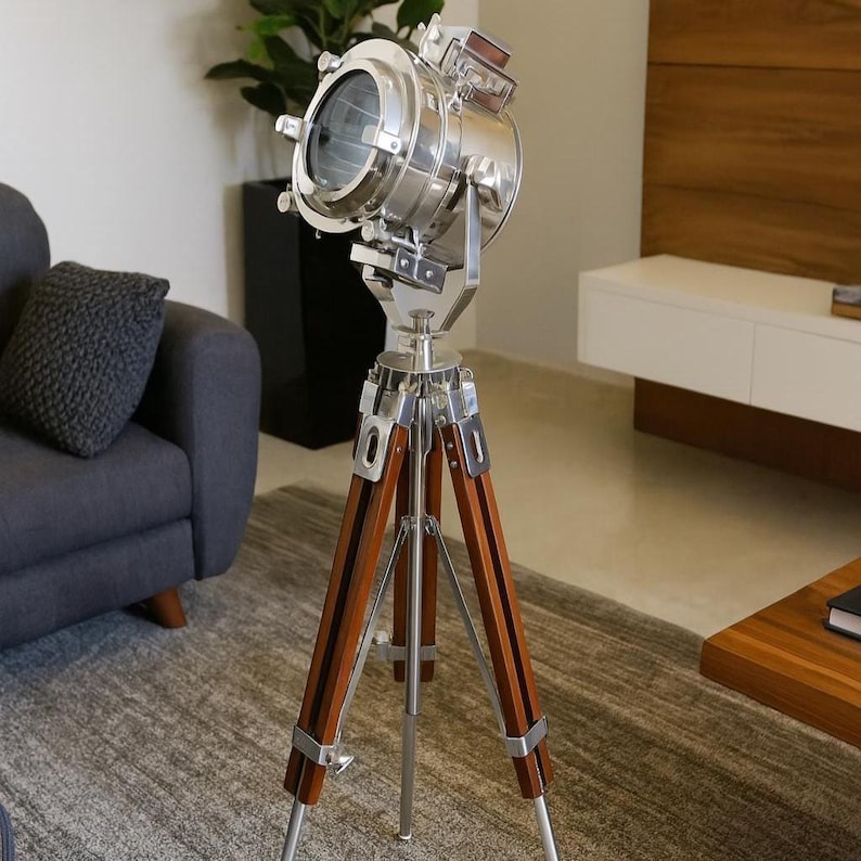 Chrome Spotlight on Wooden Tripod view 9