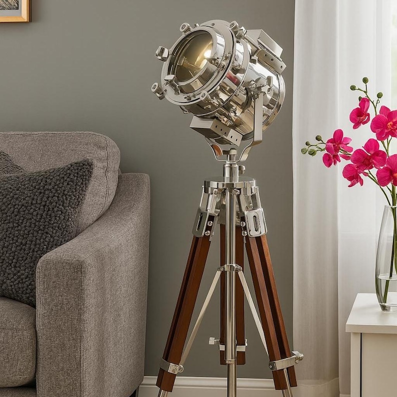 Chrome Spotlight on Wooden Tripod view 10