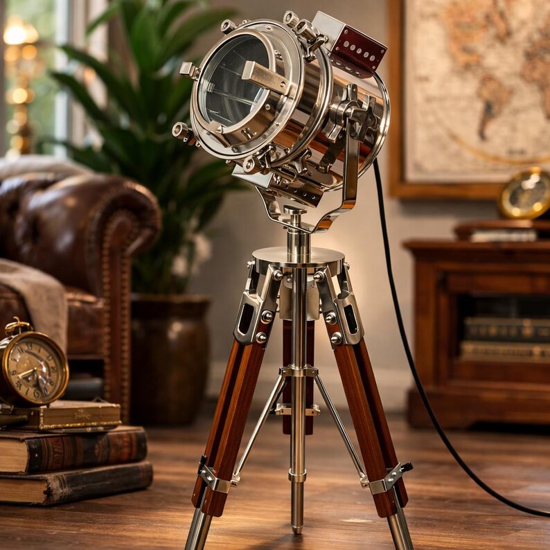 Chrome Spotlight on Wooden Tripod view 11