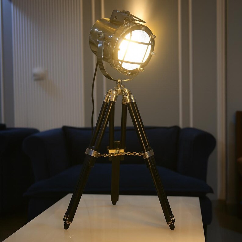 Chrome Spotlight on Black Wooden Tripod view 2