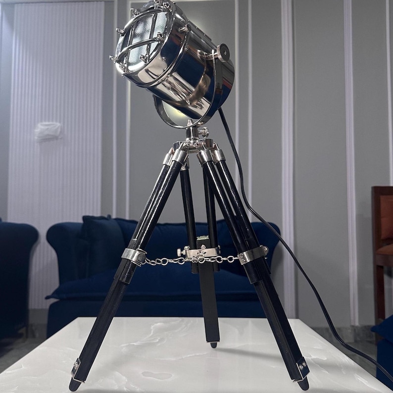 Chrome Spotlight on Black Wooden Tripod view 5
