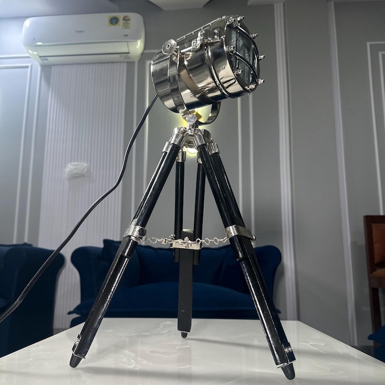 Chrome Spotlight on Black Wooden Tripod view 7